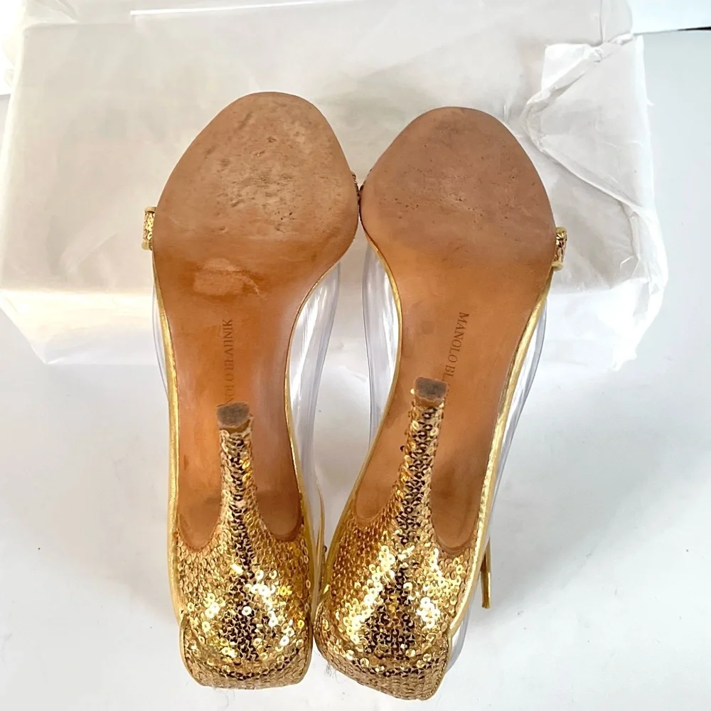 Manolo Blahnik gold sequin heels with crystal buckle 38